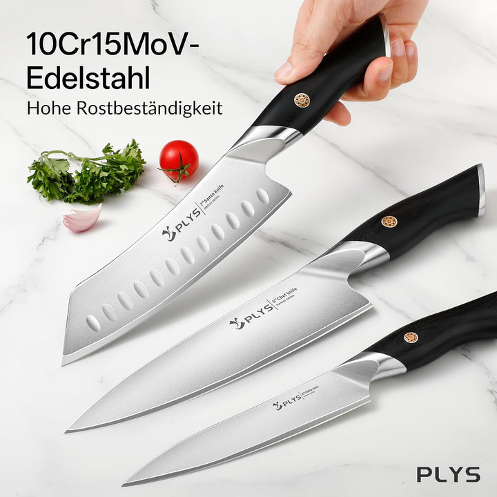 Plys Messerset Küchenmesser set 3-Teilig: Gefertigt aus 10cr15mov-Edelstahl, mit Pakkaholz Griff, Di