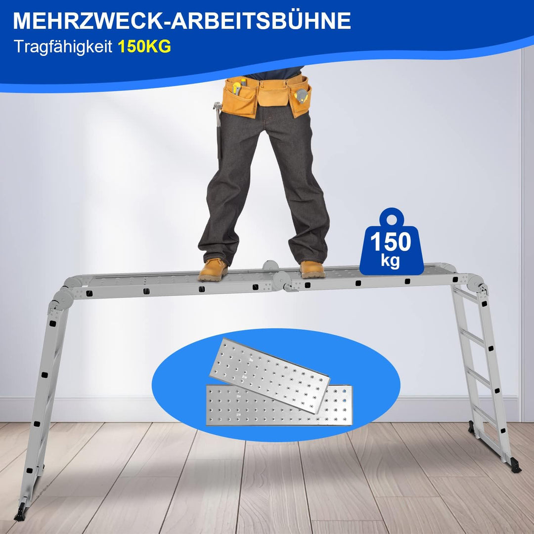 Fiqops 4x4 Mehrzweckleiter 470cm 7 in 1 Alu Leiter Vielzweckleiter Klappleiter Haushaltsleiter Arbei