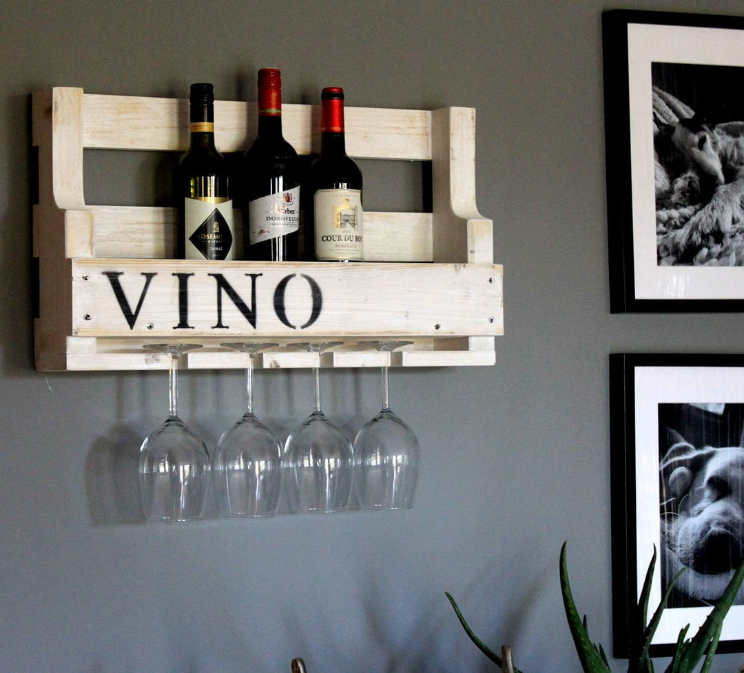 Dekorie Weinregal aus Holz für die Wand - mit Gläserhalter und VINO Schriftzug - Weiss - fertig mont