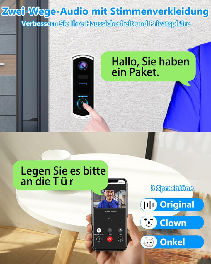 2K FHD Video Türklingel mit Kamera Kabellose Kompatibel mit Alexa, nicezing Funkklingel mit Kamera W