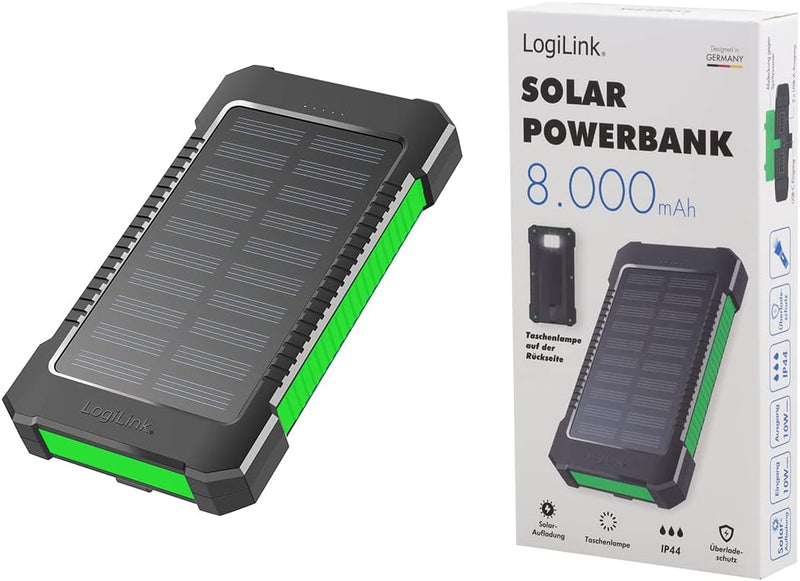 Solar-Powerbank mit 8000 mAh, Taschenlampe, gleichzeitiges Aufladen von 2 Geräten (2X USB Typ-A), sc