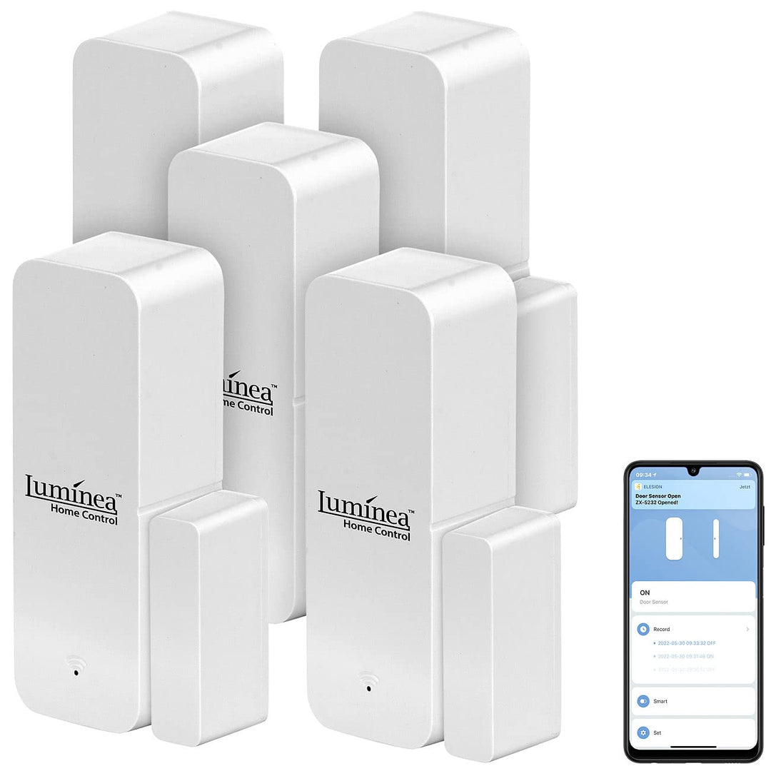 Luminea Home Control Türsensor: 5er-Set ZigBee-Tür- & Fensteralarm, für Alexa, GA und Siri, App (Tür