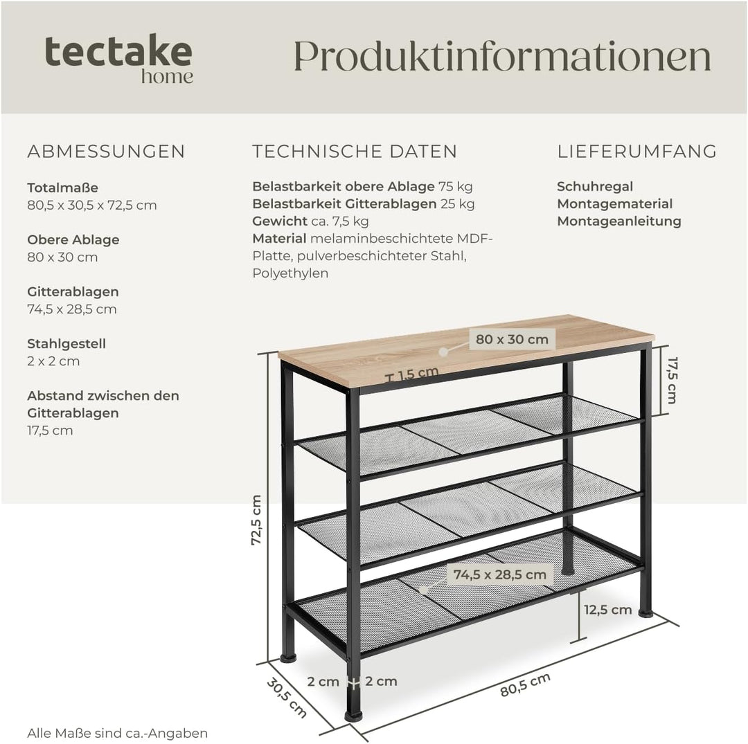 tectake® Schuhregal schmal mit Sitzfläche, Schuhbank 4 Ebenen, 3 Gitterablagen, Schuhregal platzspar