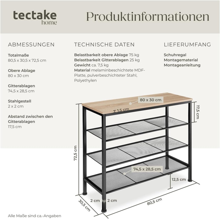 tectake® Schuhregal schmal mit Sitzfläche, Schuhbank 4 Ebenen, 3 Gitterablagen, Schuhregal platzspar
