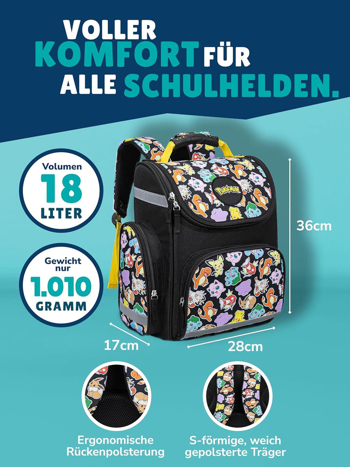 Familando - Schulranzen Set - 10-teilig mit Schultüte - Pokémon (Pikachu Motiv) - Ergonomisch, stabi