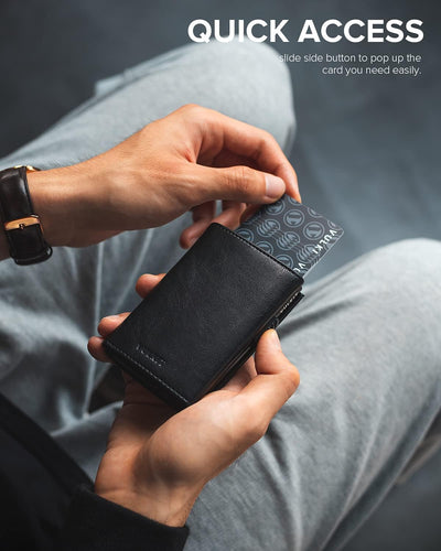 VULKIT Kreditkartenetui RFID-blockierende Pop-Up-Kartentasche aus Echtem Leder mit Geldscheinfach, A