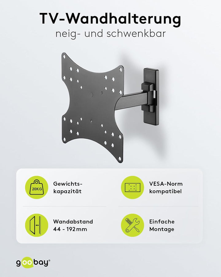 goobay TV-Wandhalterung – 23 bis 42 Zoll, voll bewegliche neig- und schwenkbare Monitorhalterung, 20