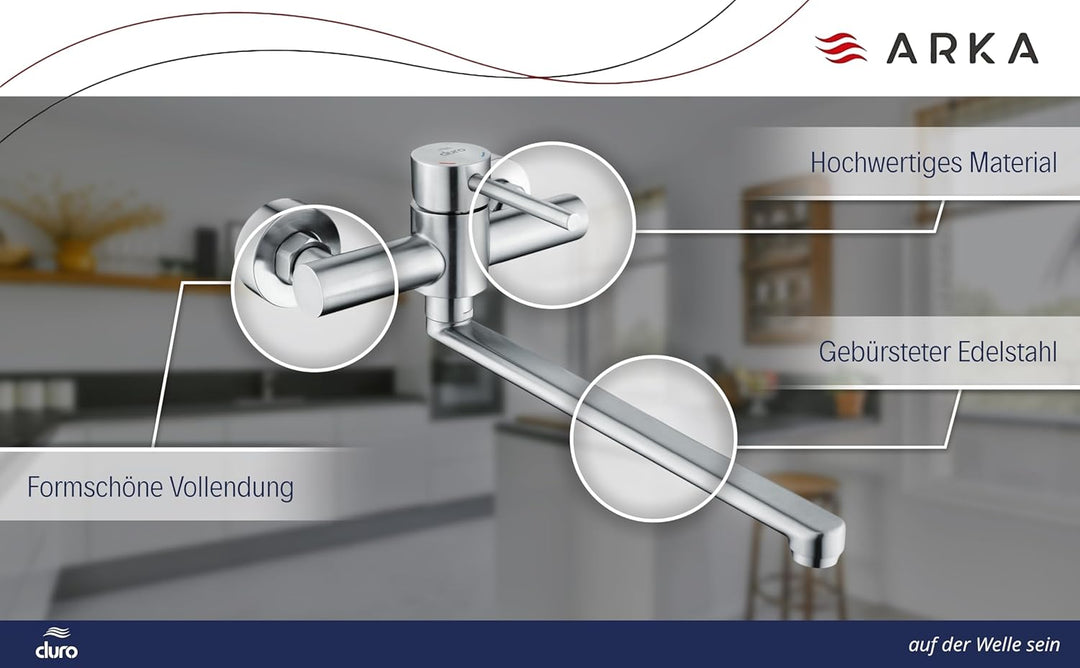 DURO Küchenarmatur Acero, aus Gebürstetem Edelstahl ohne Stopfen, Wassersparend, Einhebel-Zweiloch-W