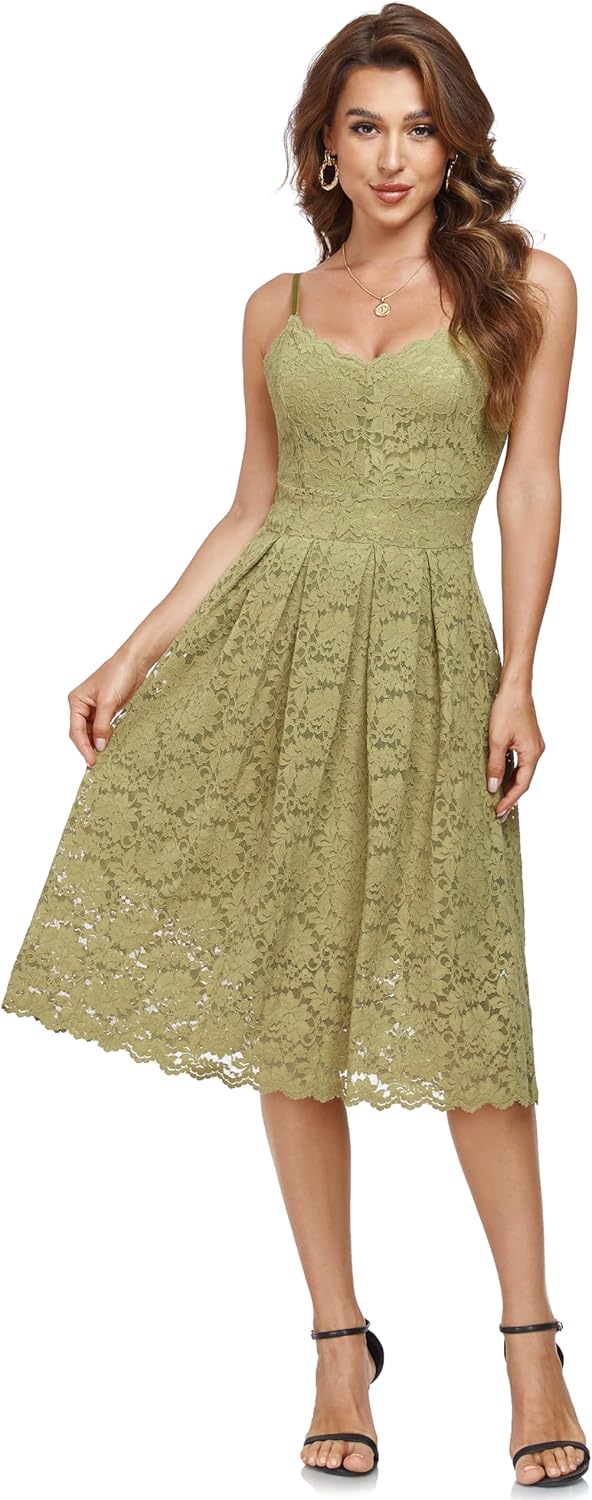 Atnlewhi Damen Vintage ärmellosen V-Ausschnitt A-Linie Kleid Blumen Knielang Spitzenkleid Brautjungf