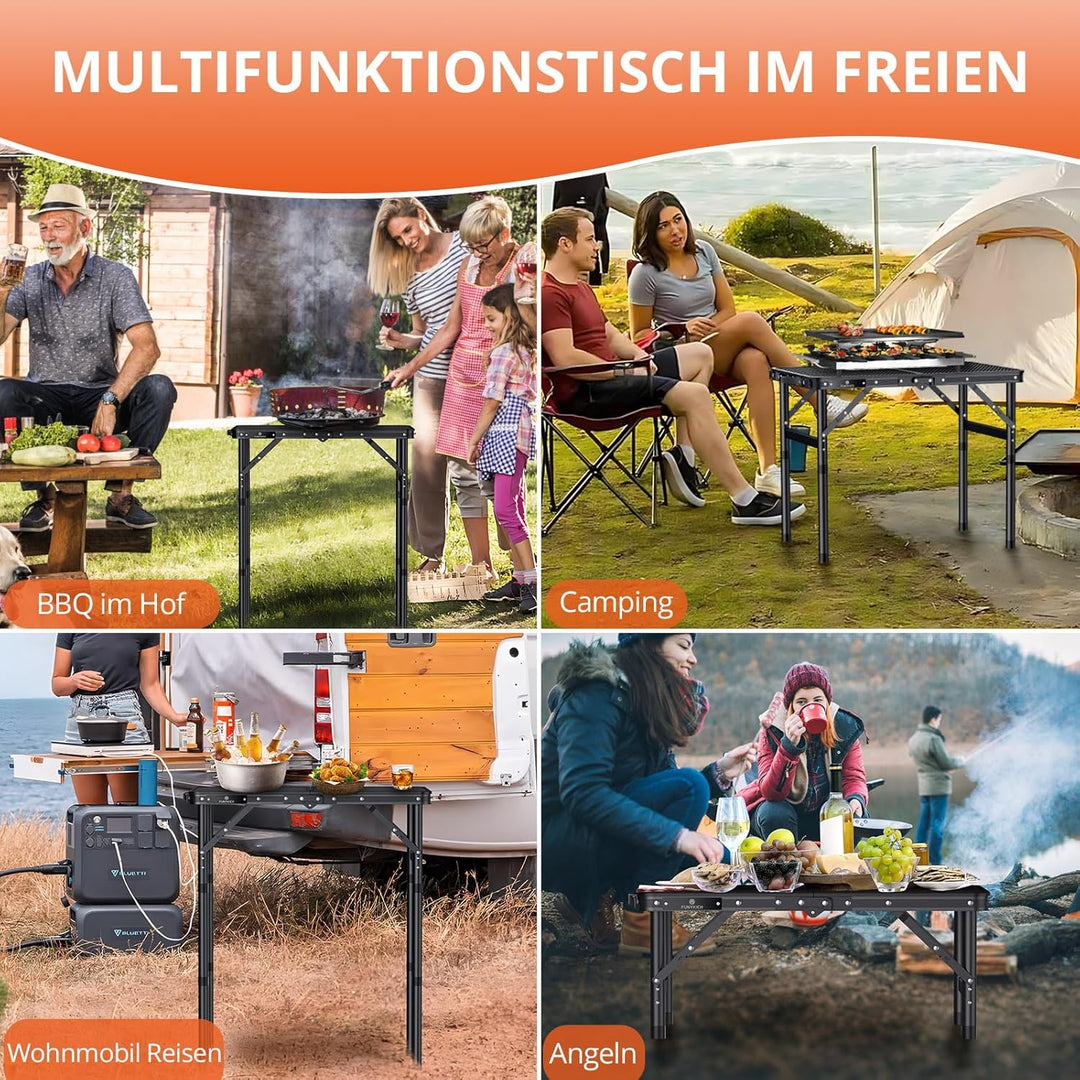 FUNYKICH Tragbarer Grilltisch 58 x 40cm, Campingtisch Outdoor Klappbar mit 3 Höhen Verstellbarer(26/