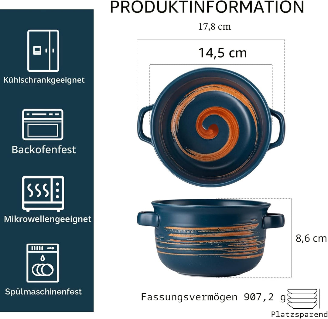 YUN TAO Keramik Suppenschalen mit Griffen (4er Set, 900ml) - Ofen-, Mikrowellen- & Spülmaschinenfest