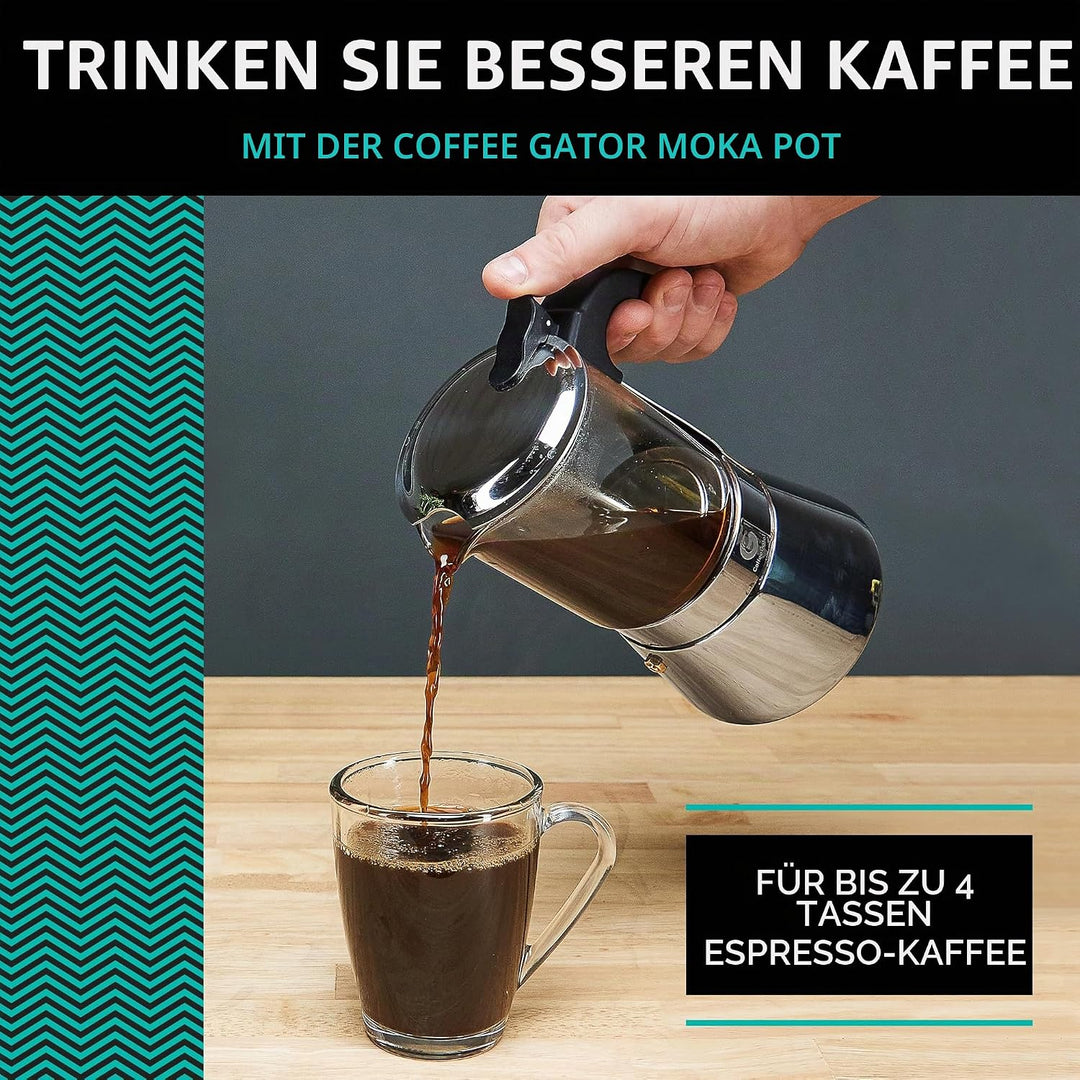 Coffee Gator Espressokocher Herdplatte 4 Tassen - 200 ML Edelstahl Moka-Kanne für Kräftigen Kaffee N