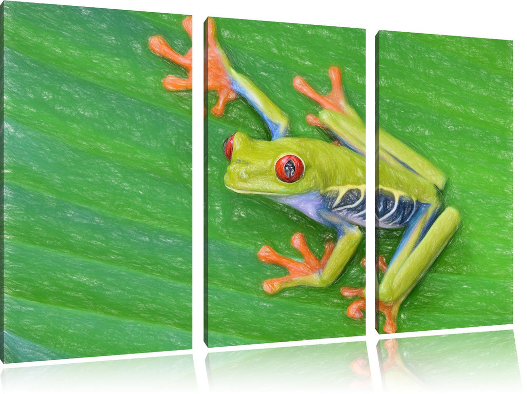 Pixxprint Kleiner Frosch auf Blatt / 3-Teilig/Gesamtmass 120cm Leinwandbild bespannt auf Holzrahmen/