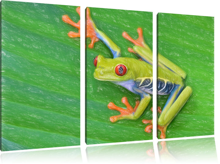 Pixxprint Kleiner Frosch auf Blatt / 3-Teilig/Gesamtmass 120cm Leinwandbild bespannt auf Holzrahmen/