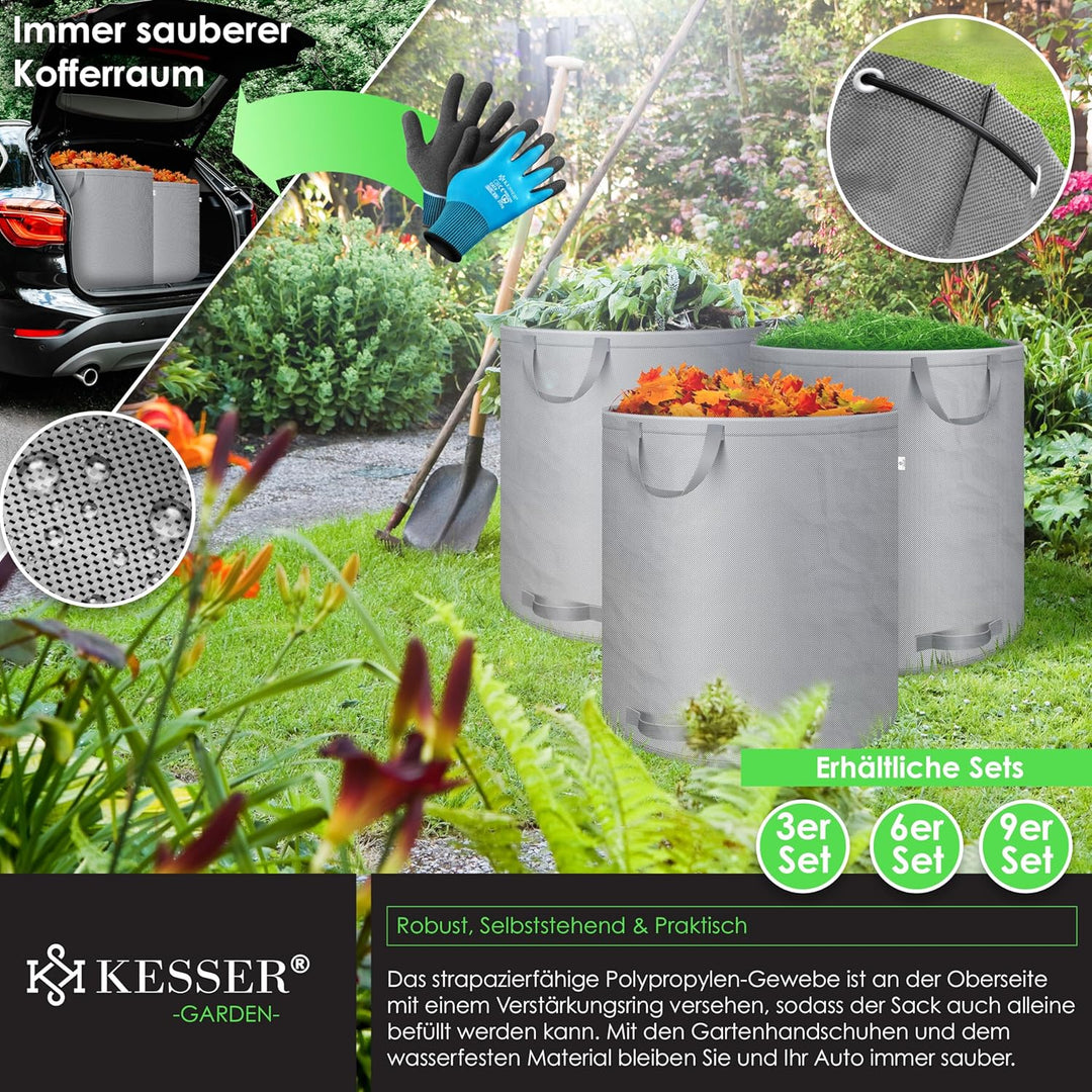 KESSER® Gartensack 3x 272L Set Laubsack Gartenabfallsack inkl. Handschuhe - Selbststehend 4 Griffe S