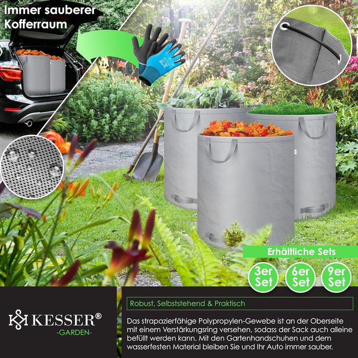 KESSER® Gartensack 3x 272L Set Laubsack Gartenabfallsack inkl. Handschuhe - Selbststehend 4 Griffe S