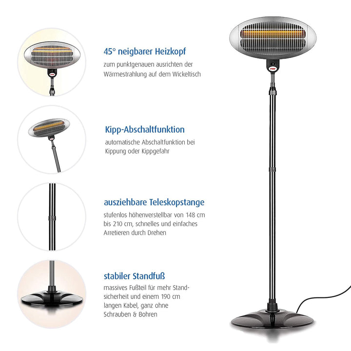 reer Wickeltischstrahler mit Standfuss, 650 Watt, Heizstab mit Splitterschutz