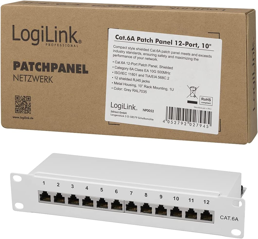 LogiLink Professional Cat.6A (500 MHz) Patchpanel - Verteilerfeld, 10", STP (geschirmt) 12-Port (RJ4