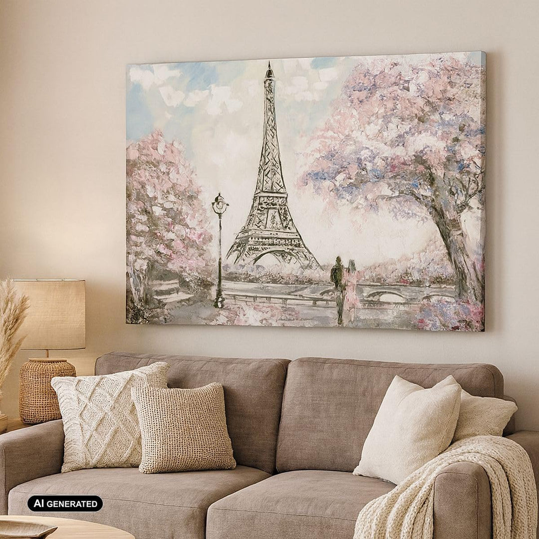 Bilder auf Leinwand 100x70cm Leinwandbild Bäume Eiffle Paar Frankreich Gross Wanddeko Bild Schlafzim