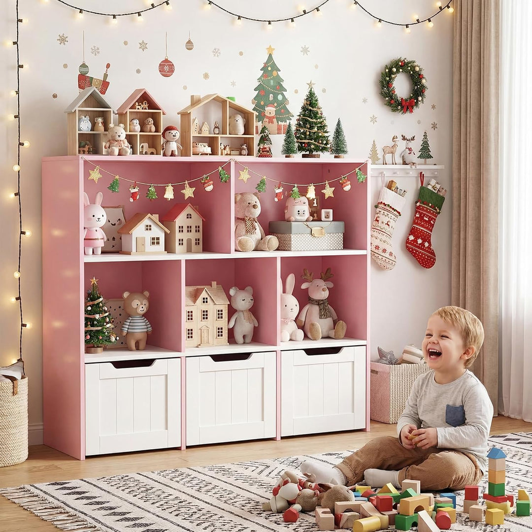 COSTWAY Kinderregal mit Boxen auf Rollen, Bücherregal Kinder mit 5 Fächern & 3 Schubladen, Spielzeug