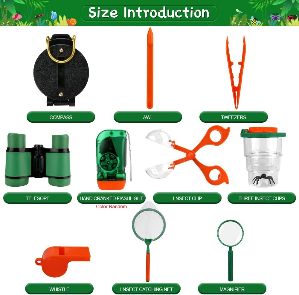 11Pcs Forscherset für Kinder, Entdecker Set für Kinder Mit Fernglas Kinder, Insektenfänger, Kompass,