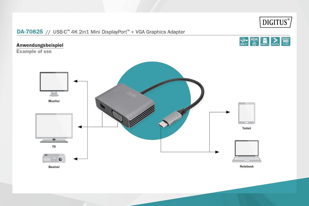 DIGITUS USB-C - Mini DP + VGA Adapter, 20 cm 4K/30Hz, Silber, Aluminium Gehäuse