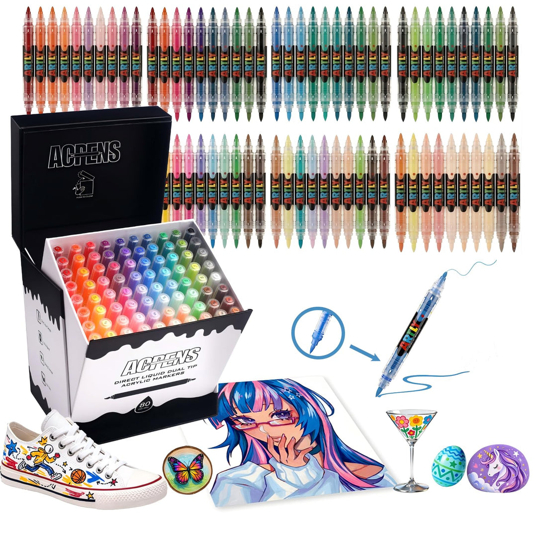 Acrylstifte, 80 Farben, Wasserfest & Schnelltrocknend, 1–6 mm Dual Tip (Feinspitze & Pinselspitze),