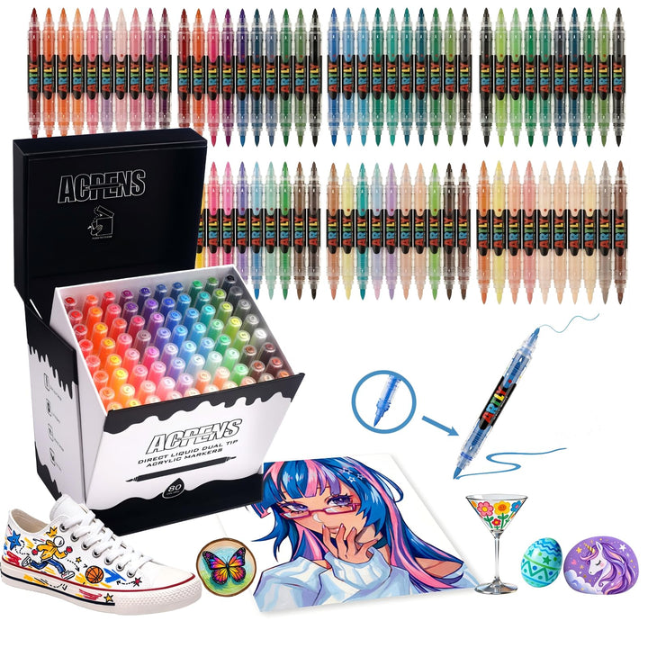 Acrylstifte, 80 Farben, Wasserfest & Schnelltrocknend, 1–6 mm Dual Tip (Feinspitze & Pinselspitze),