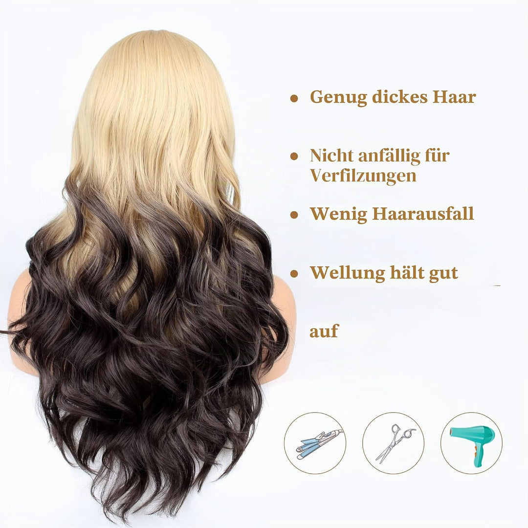 FAELBATY Perücke mit langen Locken blond Perücke mit Pony Ombre blond bis braun Perücke mit langen L
