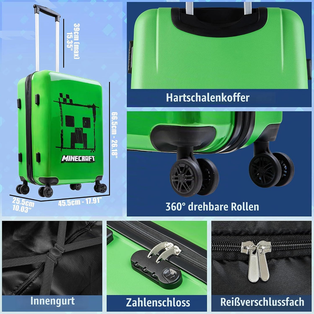 Minecraft Hartschalen Koffer Trolley Kinder Reisekoffer Leicht Reisetrolley 4 Rollen für Mädchen Jun