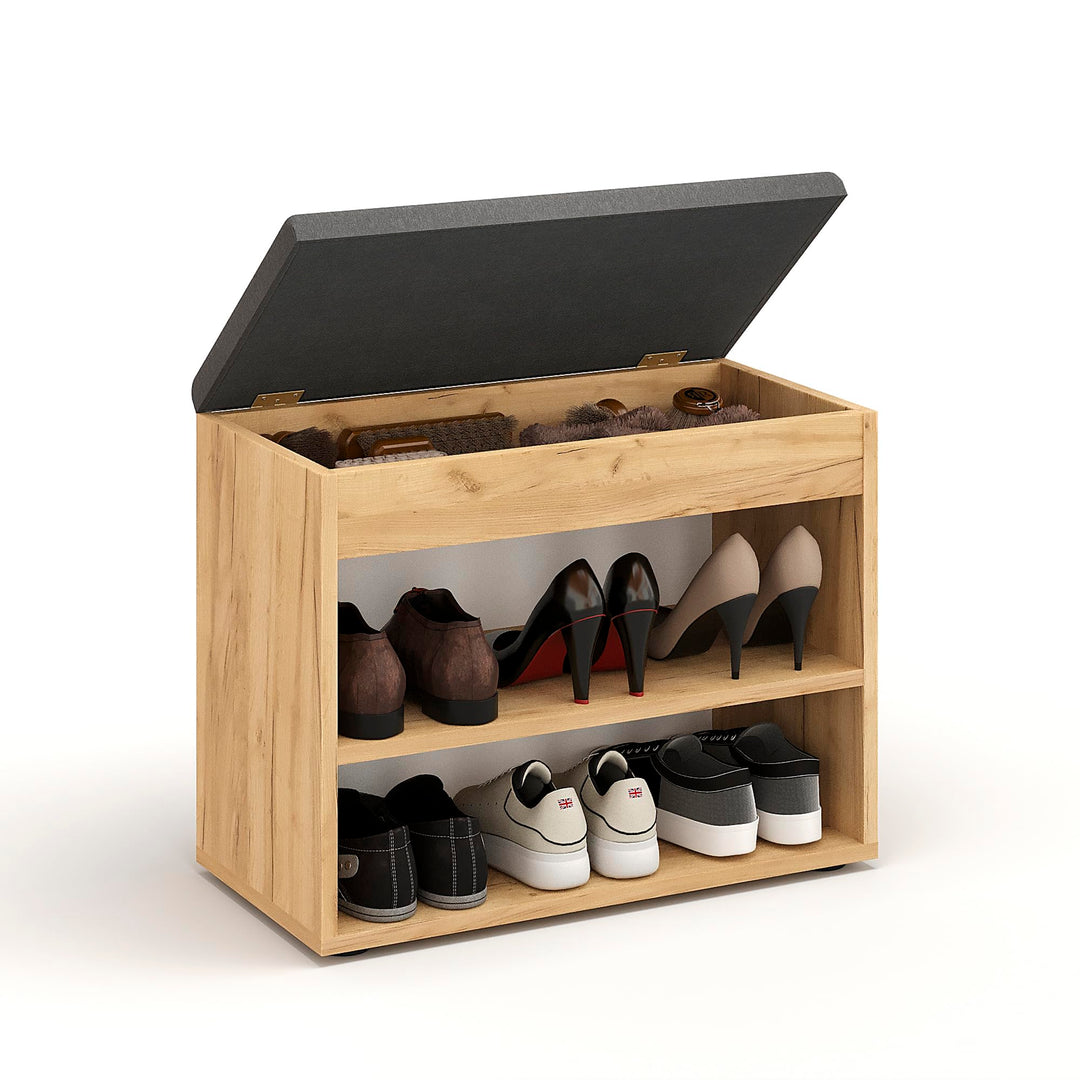 KOMTO Schuhbank mit Sitzfläche - Schuhregal Bank mit Stauraum Honig Eiche 60 x 48 x 32 cm Kleiner Sc