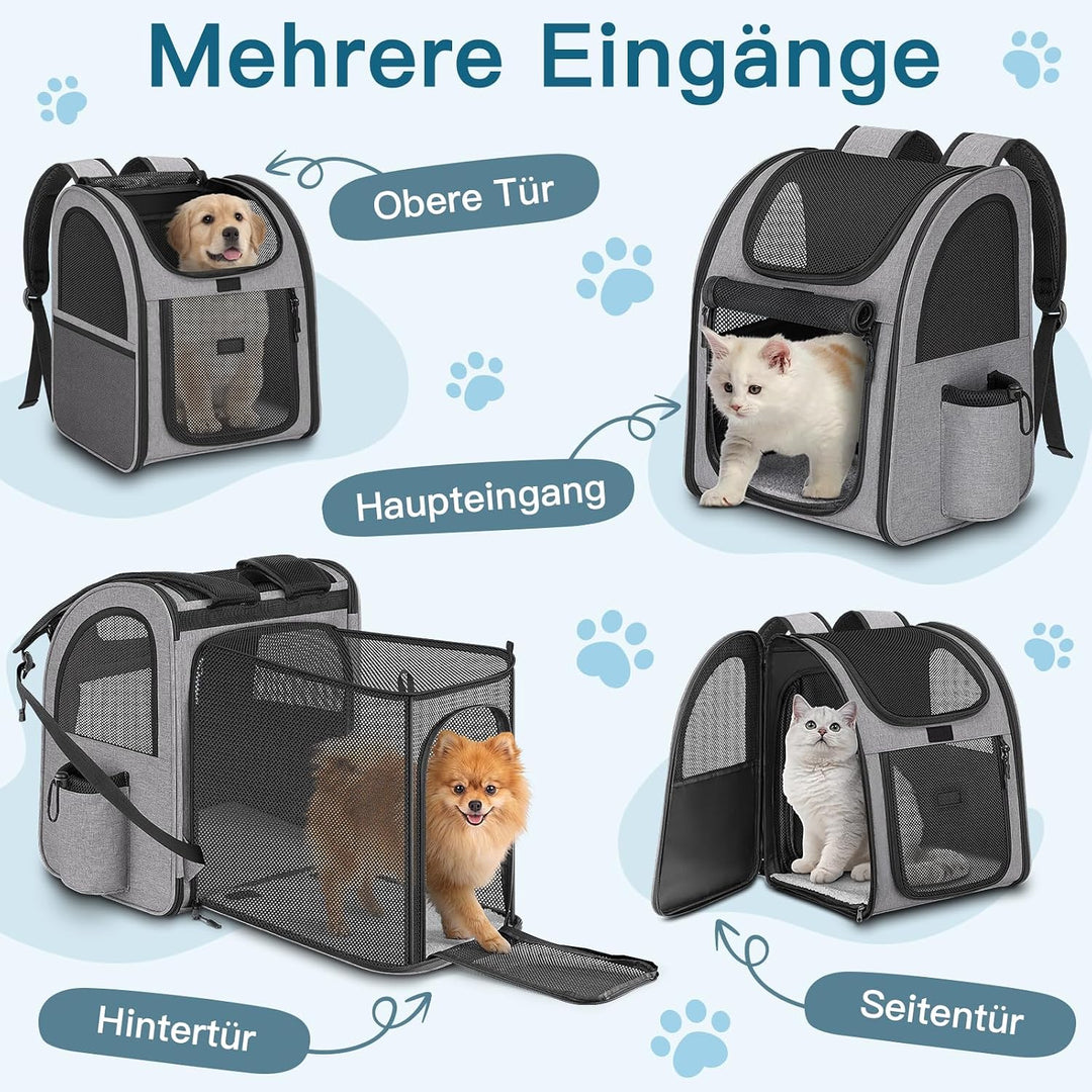 Erweiterbar Hunderucksack bis 10kg, Haustier Rucksack mit Netzfenster, Faltbare Katzenrucksack Hunde