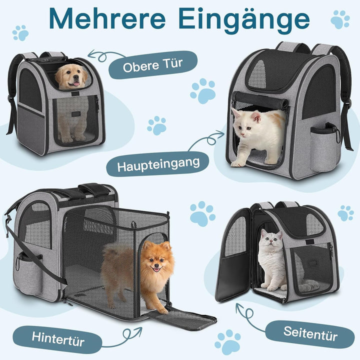 Erweiterbar Hunderucksack bis 10kg, Haustier Rucksack mit Netzfenster, Faltbare Katzenrucksack Hunde