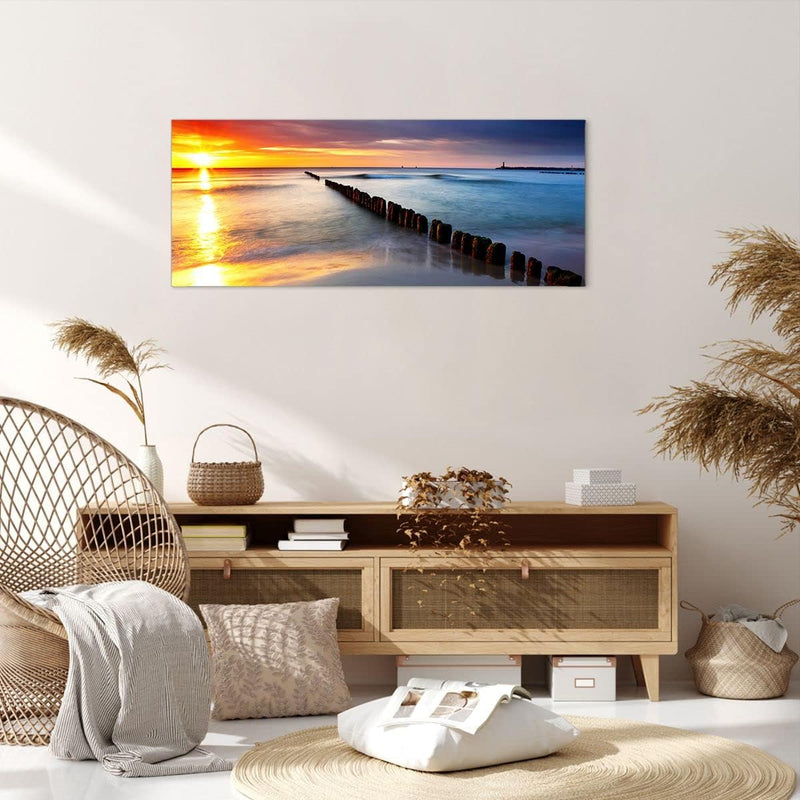 Wandbilder Dekoration Wohnzimmer Meer Küste Strand Sonnenaufgang Panorama Bilder auf Leinwand 120x50