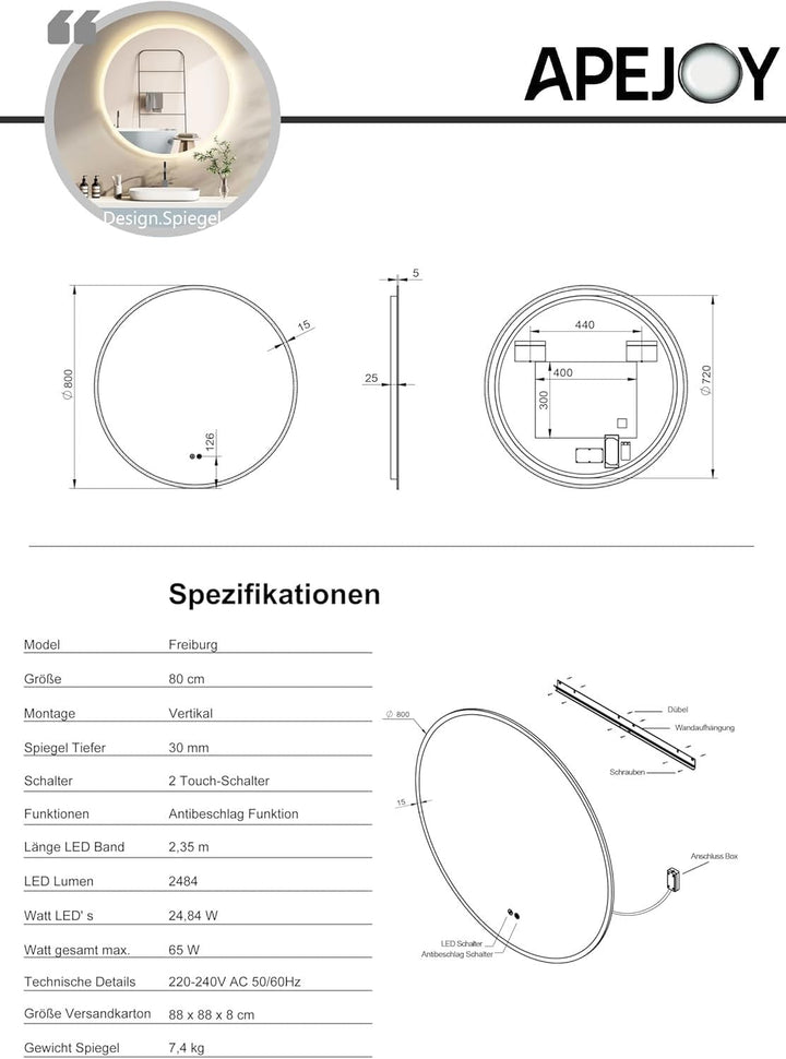 Badspiegel mit Beleuchtung Rund 80cm, Spiegel Runder mit Licht und mit Antibeschlag, Badezimmerspieg