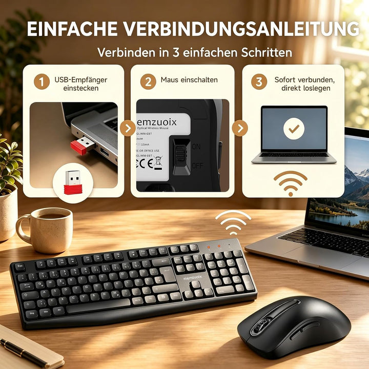 QWERTZ Kabelloses Tastatur Maus Set, Full Size 105-Tasten Tastatur mit Nummernblock, 2.4GHz Funk mit