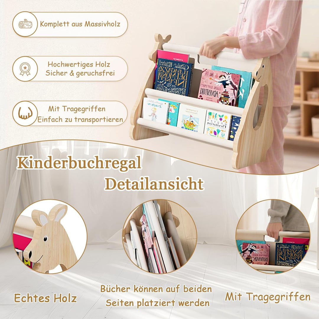Kinder Bücherregal aus Holz, Montessori Regal Kinderzimmer, Doppelseitiges Bücherregal Kinder Holz,