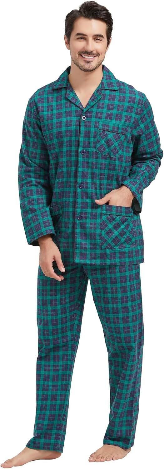 Amaxer Flanell Schlafanzug Herren 100% Baumwolle Pyjama mit Knopfleiste Set Lang Warmer Winter Schla