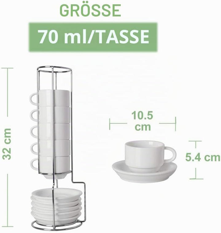 Sweejar Home Porzellan-Espresso-Tassen und Untertasse, stapelbar, mit Metallständer, 70 ml für Latte