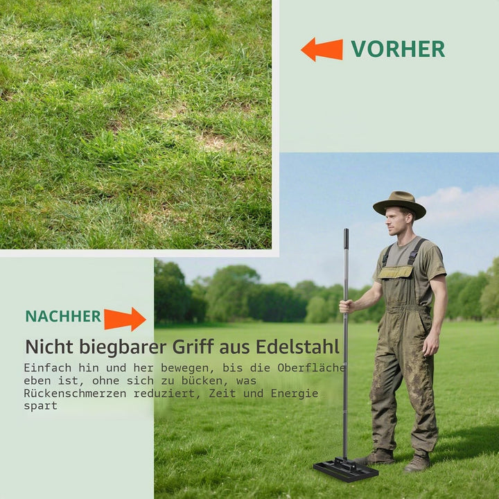 43,2 x 25,4 cm Rasen-Nivellierrechen mit 198,1 cm verstellbarem Edelstahlgriff – robustes Grasnivell