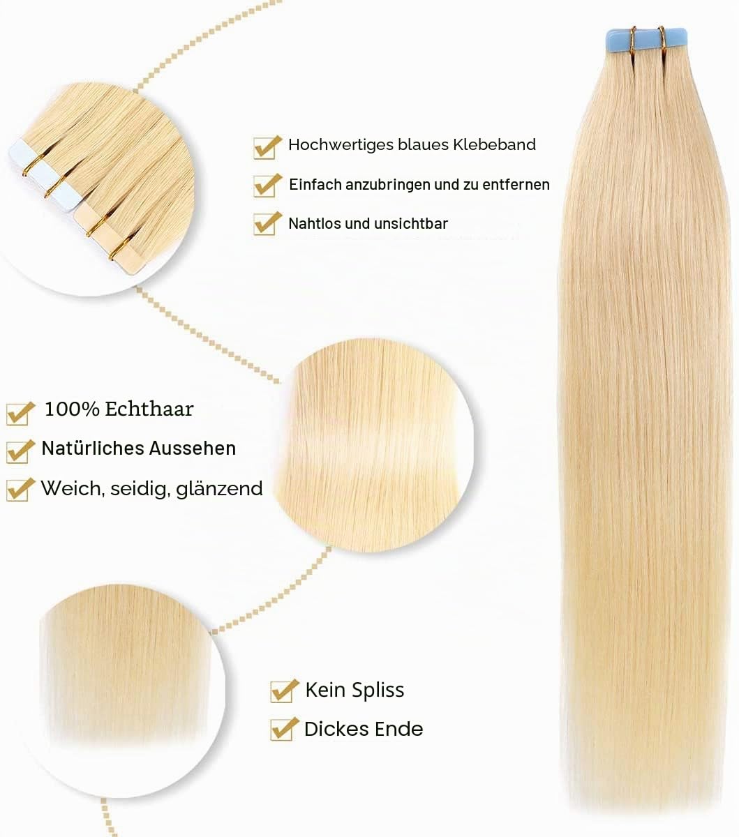 YILITE Tape Extensions Echthaar, Bleichblond 50cm 20 Stück/Packung 50g Tape in Extensions Echthaar I