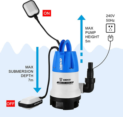 DEKO Tragbare Tauchpumpe mit Abschaltautomatik 400W 8000L / H, Wasserpumpe für sauberes/schmutziges