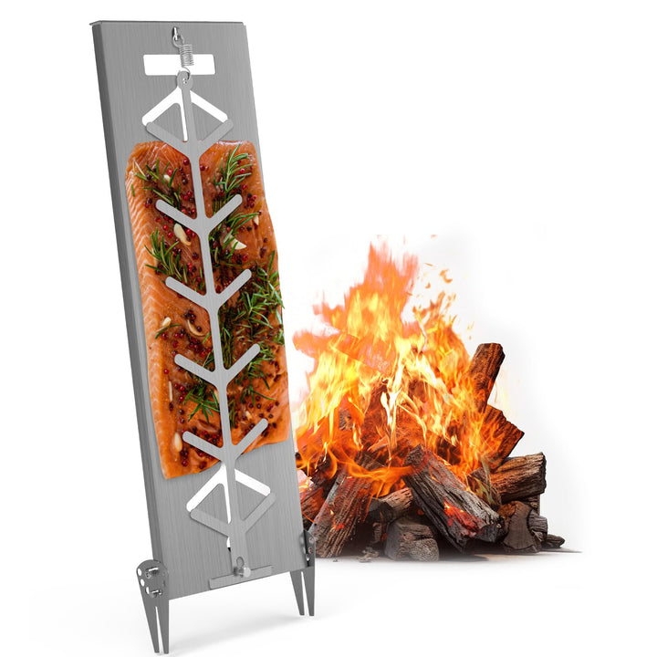 Flammlachsbrett | Extra breit 18cm Fisch Grillhalter Edelstahl | Grillzubehör für Feuerschale und Ku