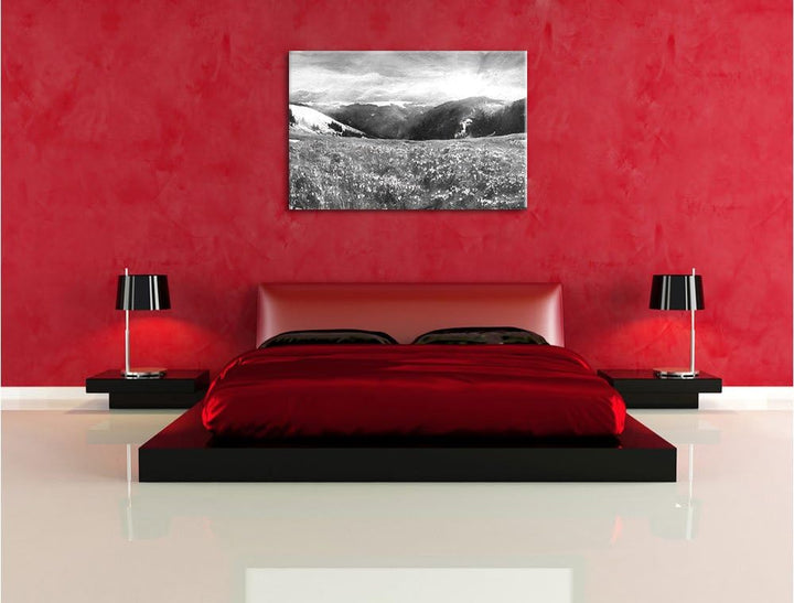 Pixxprint Berglandschaft Regenbogen / 100x70cm Leinwandbild bespannt auf Holzrahmen/Wandbild Kunstdr