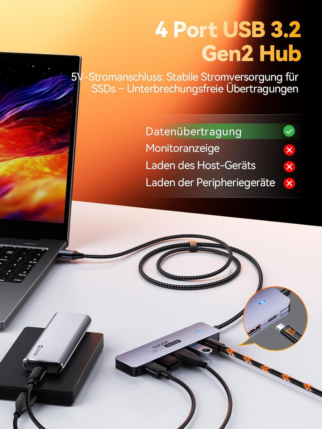 USB Hub 3.2 Gen2, QUUGE 5-in-1 USB Verteiler mit 4 Ports USB-A 10Gbps, Multiport Adapter Splitter mi