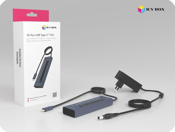 ICY Box 10-Port USB-C Hub, 9X USB 3.2 Gen 2 (10 Gbit/s), 1x USB-C Power Delivery 20 W, Aluminiumgehä