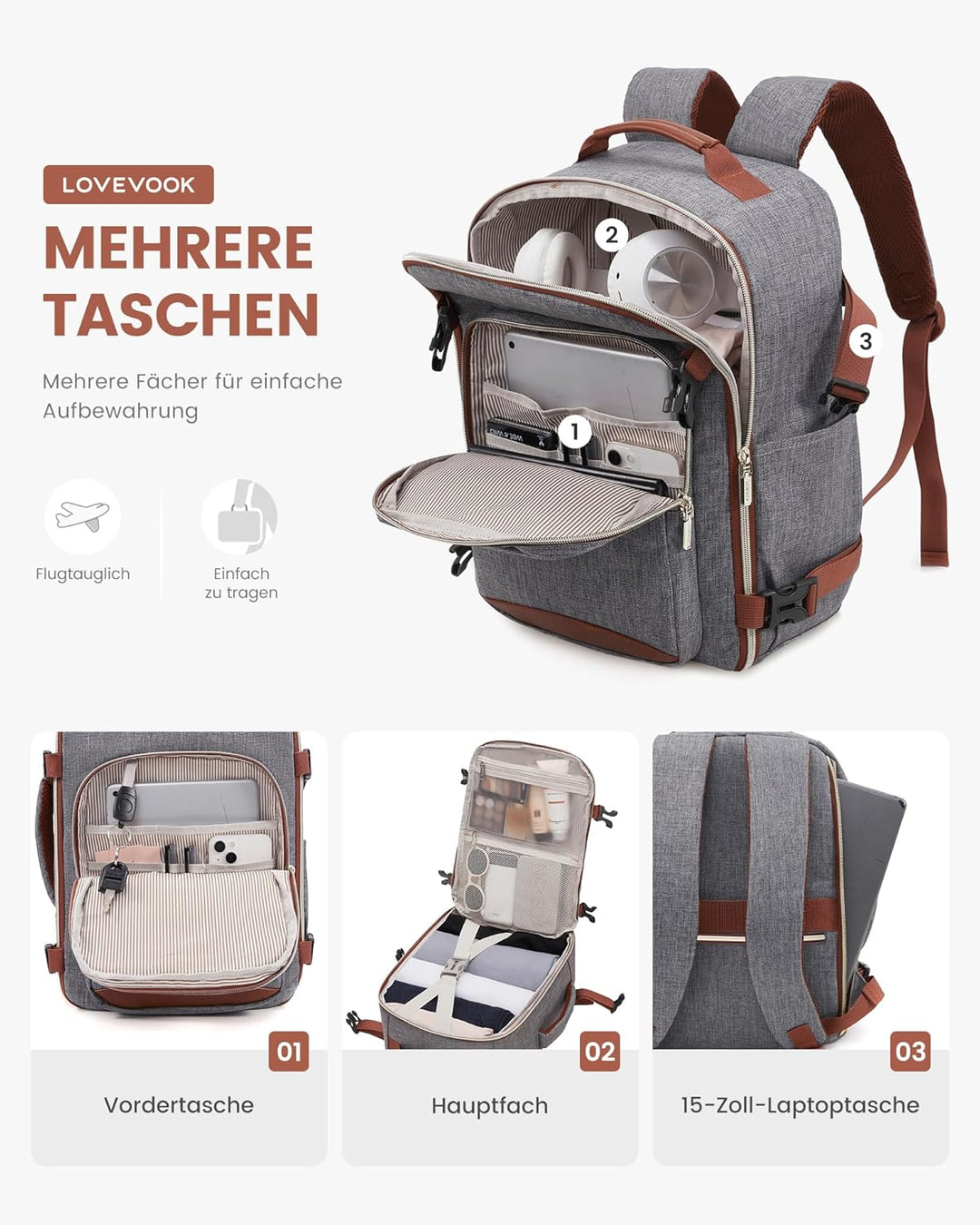 LOVEVOOK EasyJet Handgepäck 45x36x20, Handgepäck Rucksack Tasche Reiserucksack Flugzeug, Carry On Ha