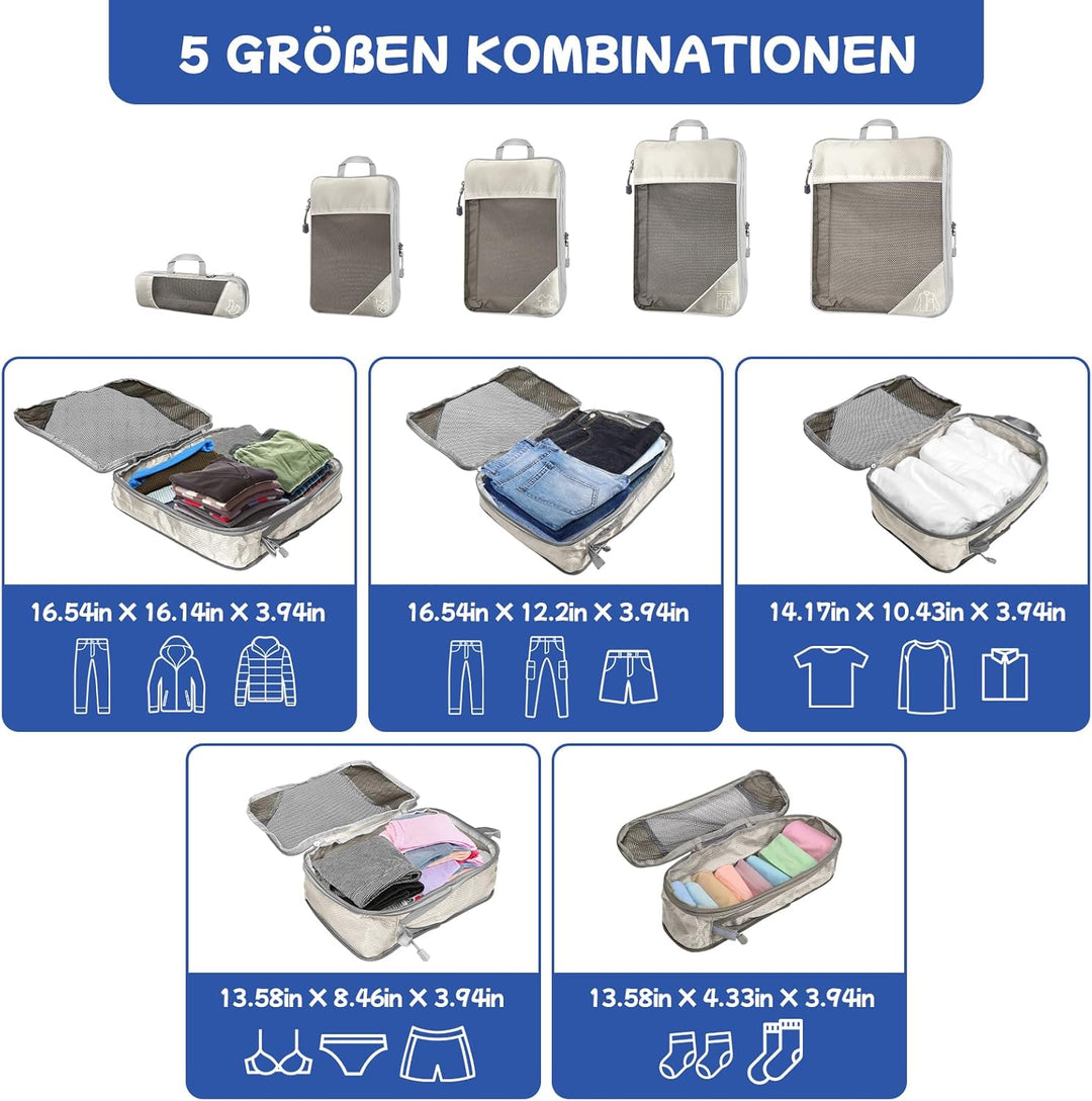 5-teilig Kompressions Packwürfel Set für Reisen, Compression Packing Cube zur Organisation Ihres Rei