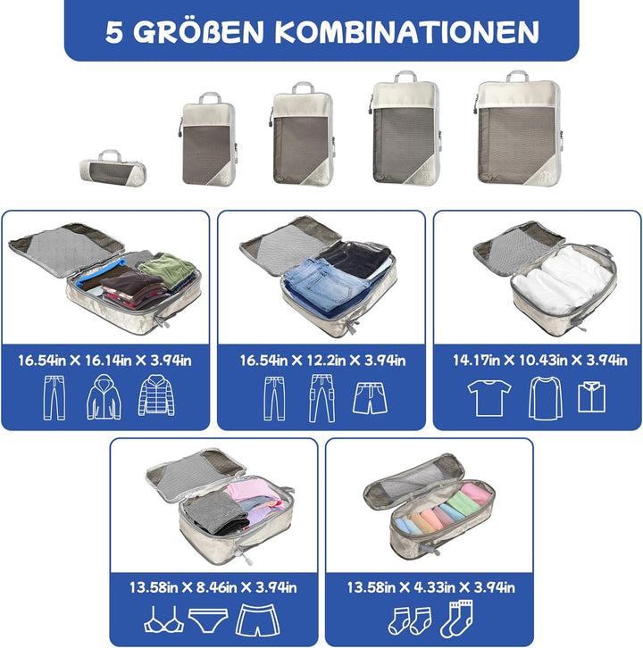 5-teilig Kompressions Packwürfel Set für Reisen, Compression Packing Cube zur Organisation Ihres Rei