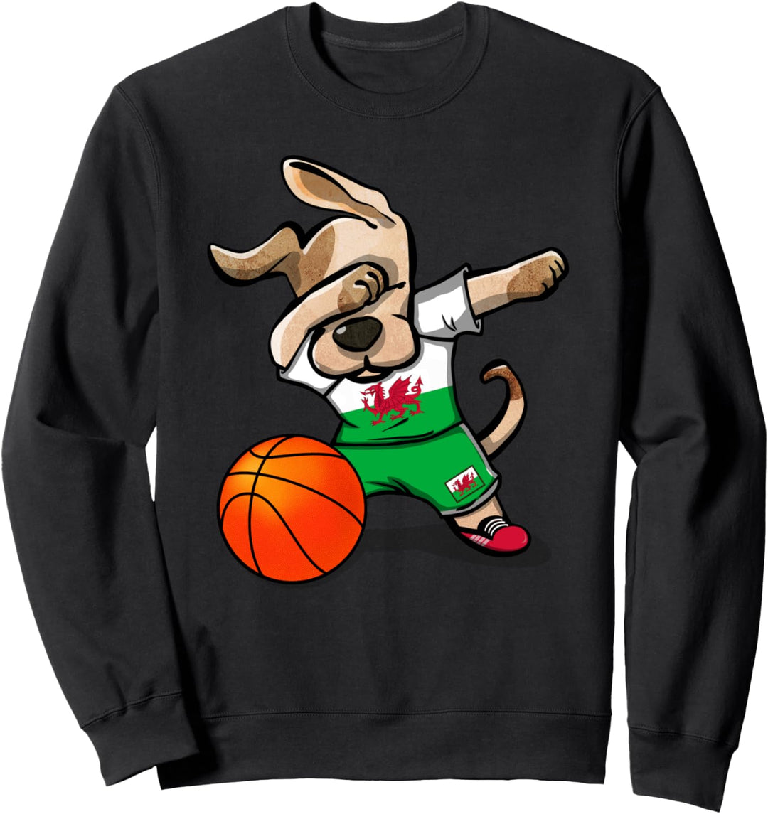 Funny Dabbing Dog Hund Wales Basketball - Walisische Flagge Sweatshirt
